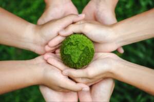 group of hands holding mossy earth
